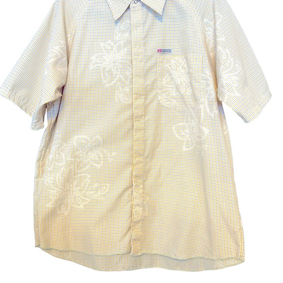 Vintage OP Yellow Polyester Plaid Short Sleeve Shirt  with Floral imprint Mens M - Picture 5 of 13